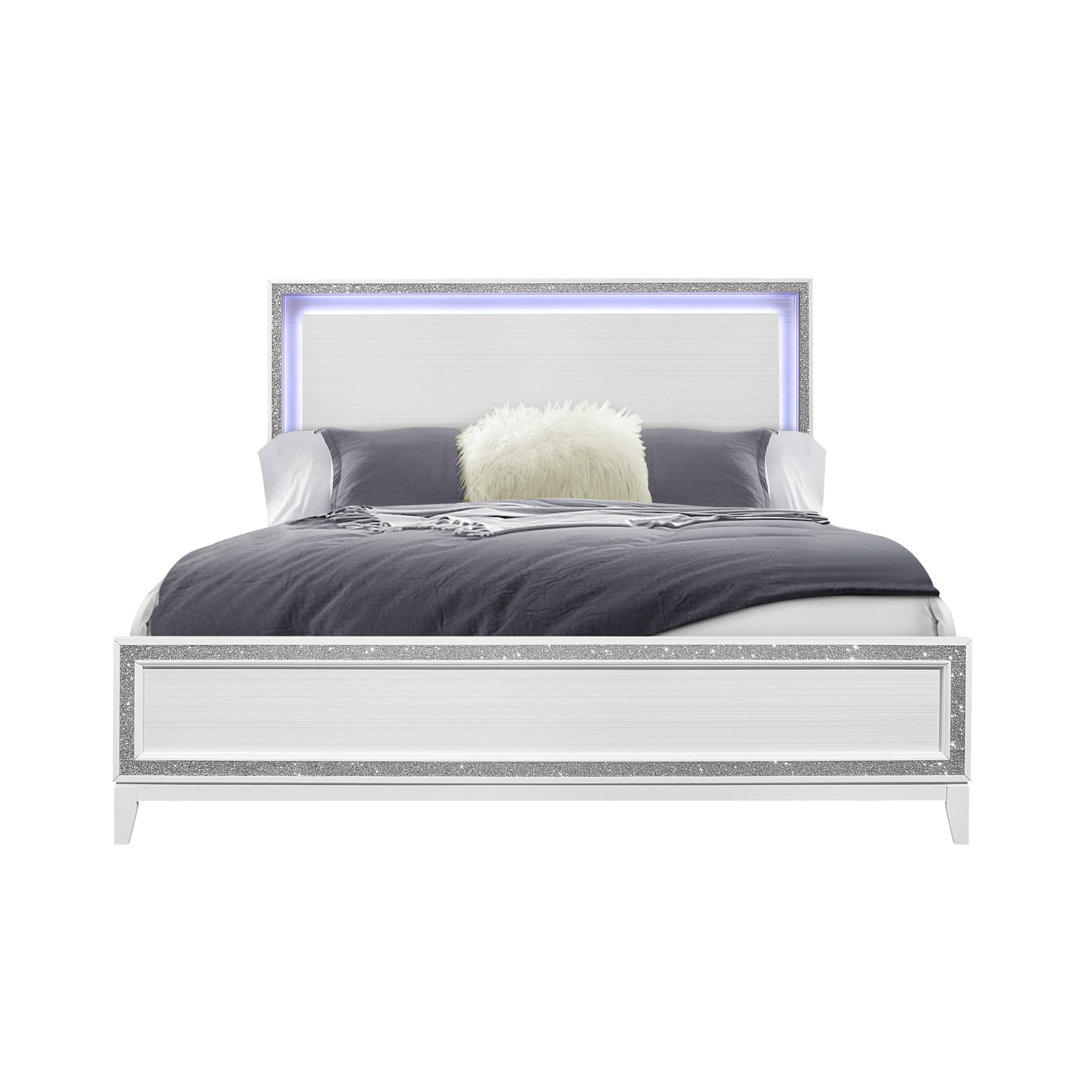 White Glitter King Bed with LED & Crystal Trim - ALMERA