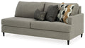 Dark gray upholstered sofa with squared arms, dark legs, and three throw pillows