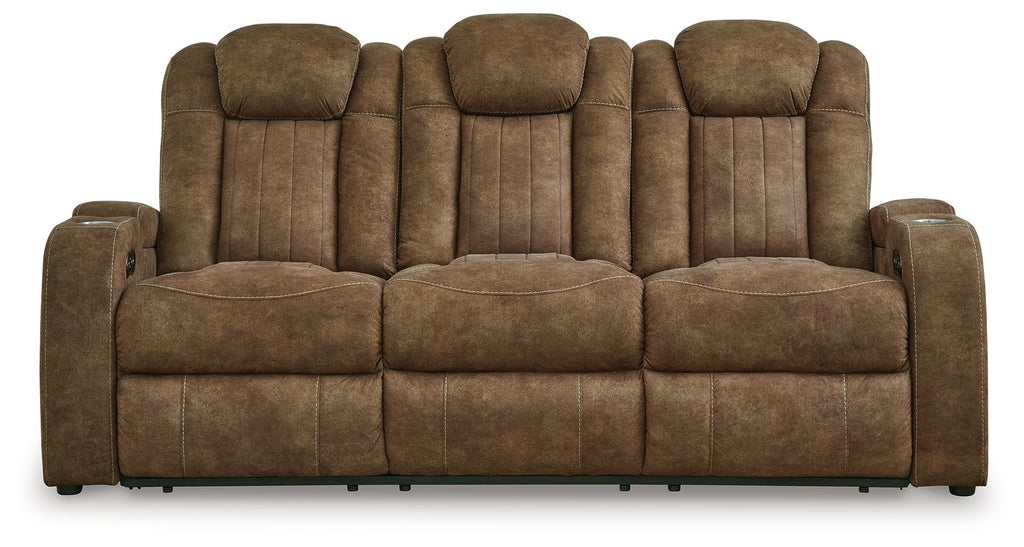 Brindle power reclining sofa front view with two center recline seats and rounded arms