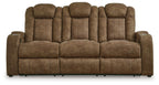 Brindle power reclining sofa front view with two center recline seats and rounded arms