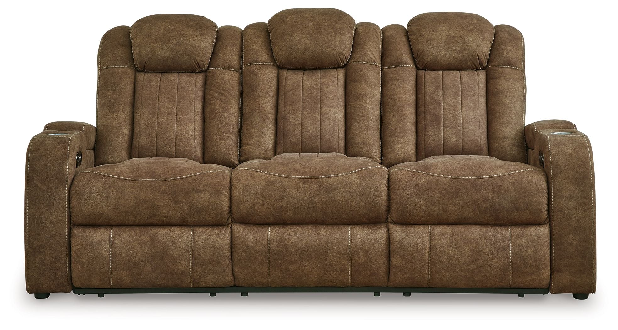 Brindle power reclining sofa front view with two center recline seats and rounded arms
