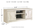 Light beige TV stand shown with width, height, and depth measurements