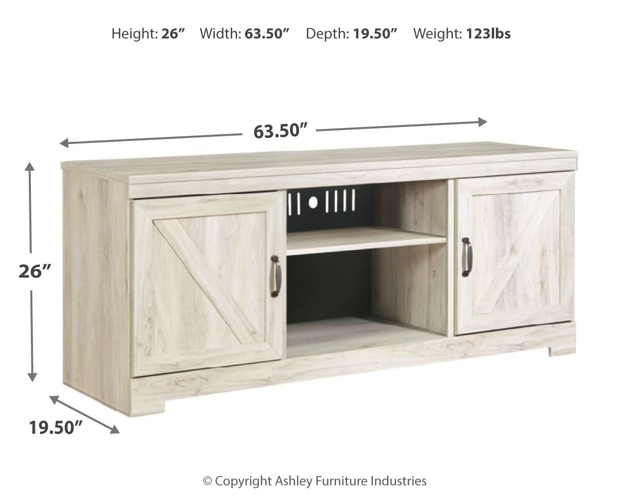 Light beige TV stand shown with width, height, and depth measurements