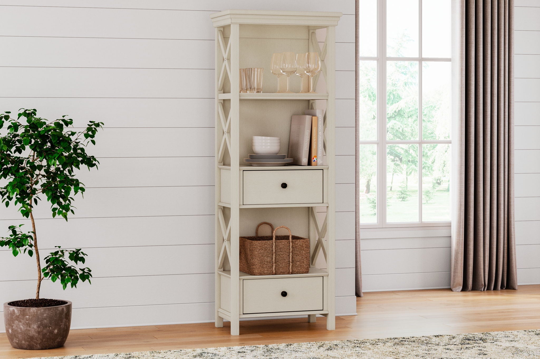 Antique white display cabinet with open shelves, two drawers, and decorative X panels
