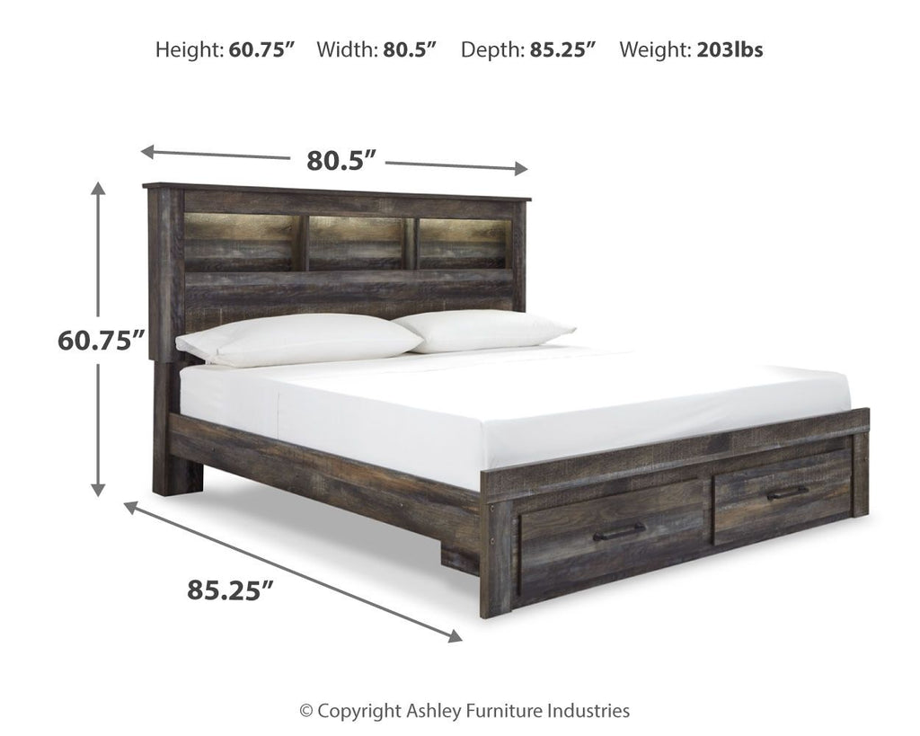 Panel bookcase bed diagram with two front drawers, dark wood finish, white mattress