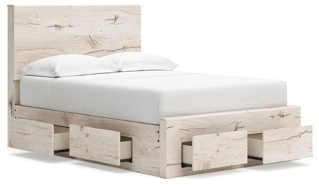 Beige panel bed with under-bed storage drawers and white mattress
