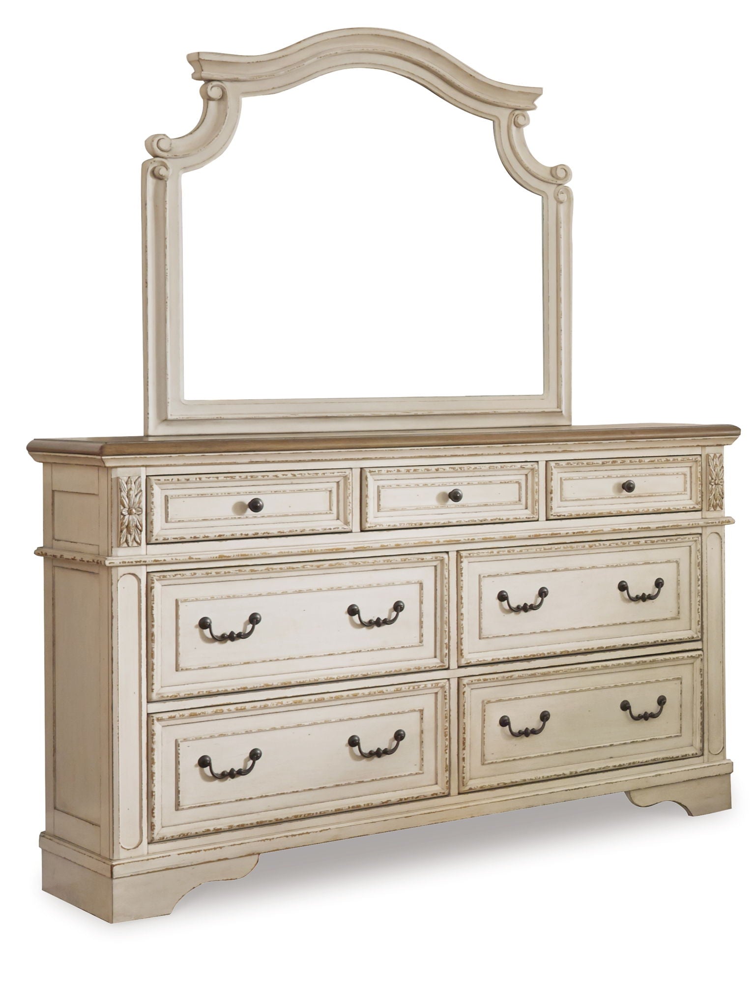 White dresser with mirror and six drawers, ornate trim and curved cabinet base.