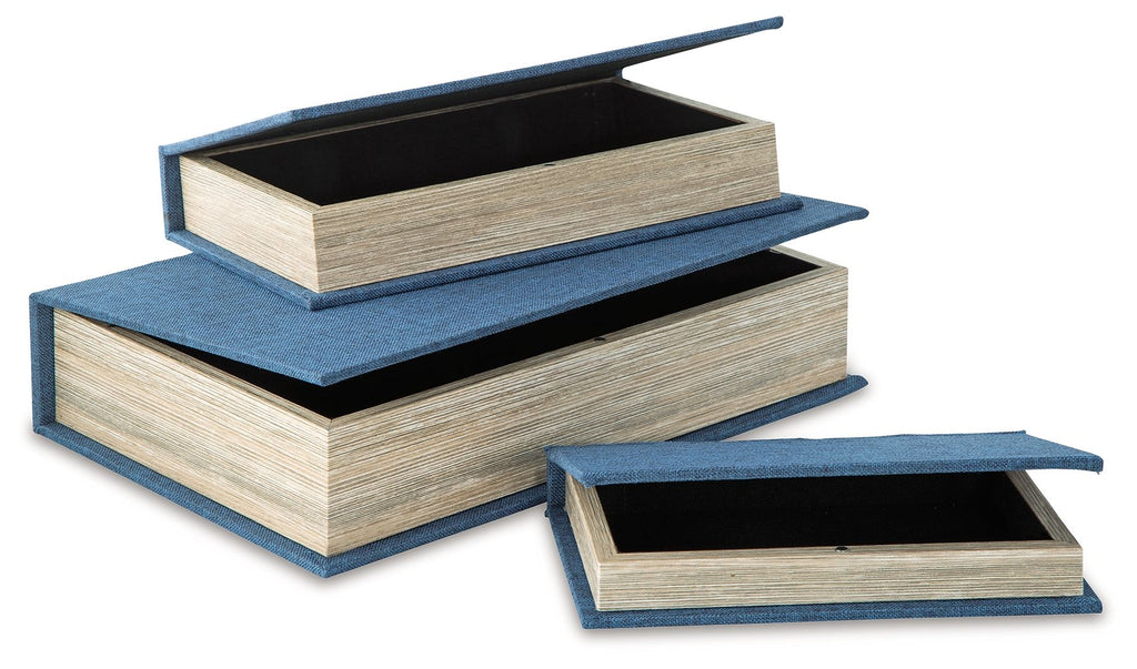 Decorative box set with open-top boxes, blue fabric liners, and wood-textured bodies.