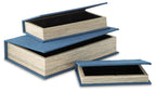 Decorative box set with open-top boxes, blue fabric liners, and wood-textured bodies.