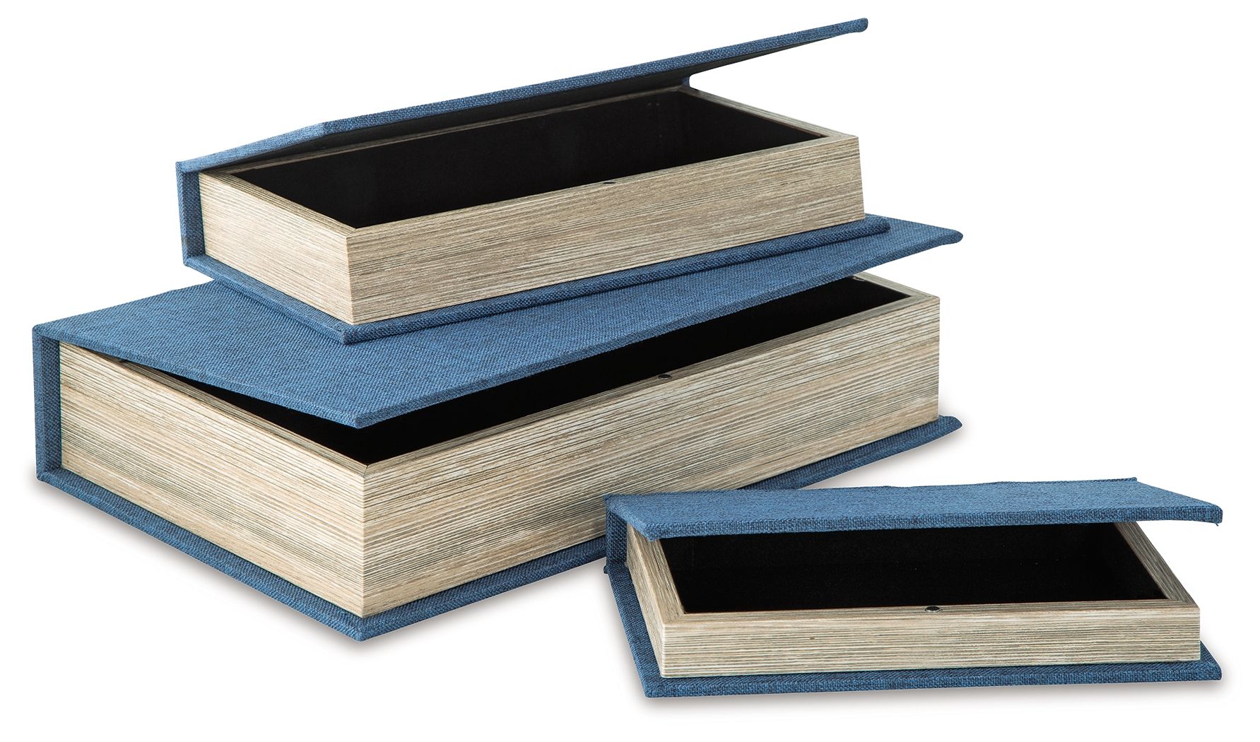 Decorative box set with open-top boxes, blue fabric liners, and wood-textured bodies.