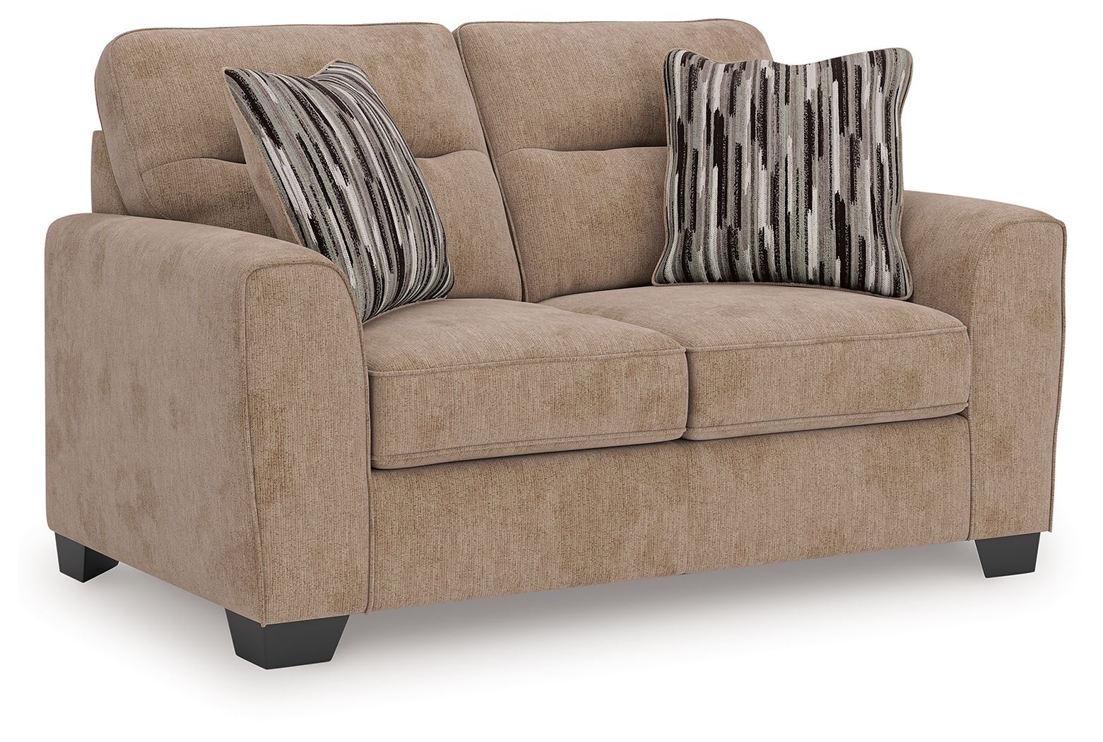 Light brown upholstered loveseat with two seat cushions and two striped pillows