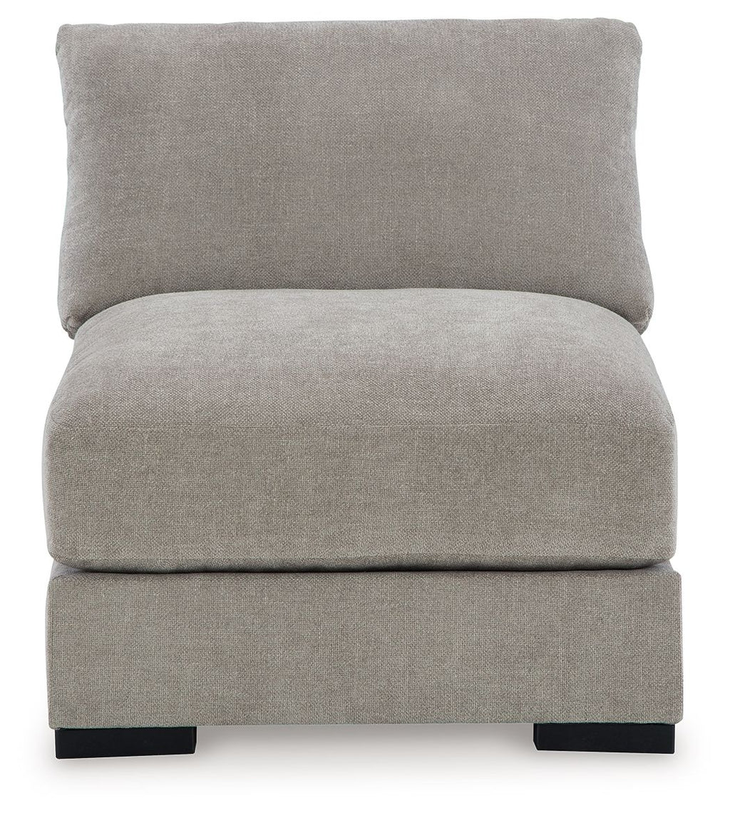 Pebble armless chair with tall back cushion, upholstered seat, black base feet