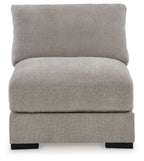 Pebble armless chair with tall back cushion, upholstered seat, black base feet