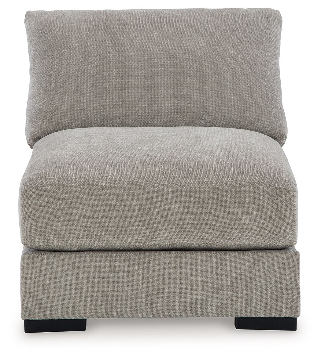Pebble armless chair with tall back cushion, upholstered seat, black base feet