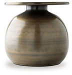 Bronze metal vase with spherical body, flat top collar, and dark patina finish over metal.