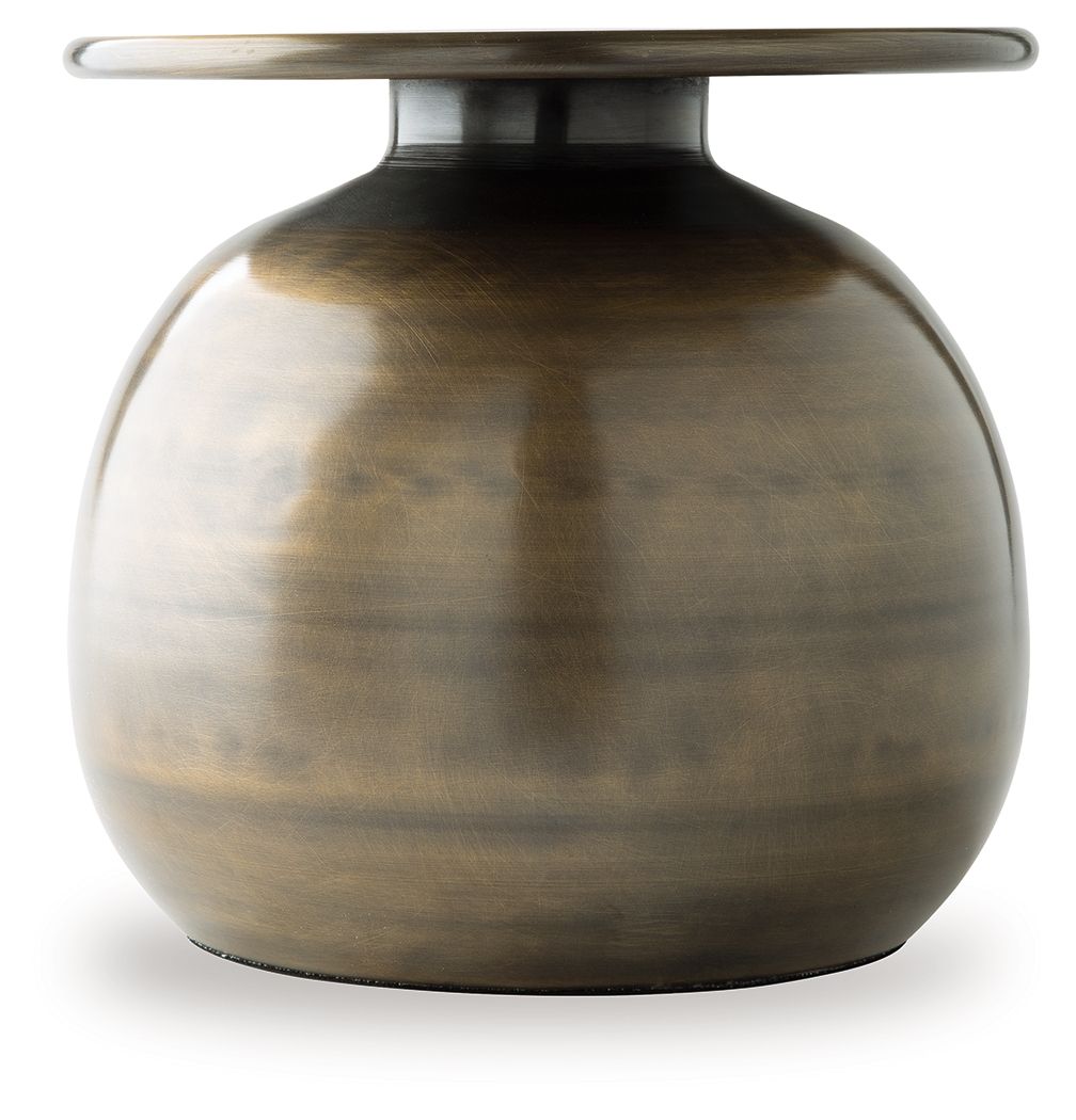 Bronze metal vase with spherical body, flat top collar, and dark patina finish over metal.