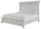 White panel bed with tall headboard, low footboard, and matching wooden side rails.