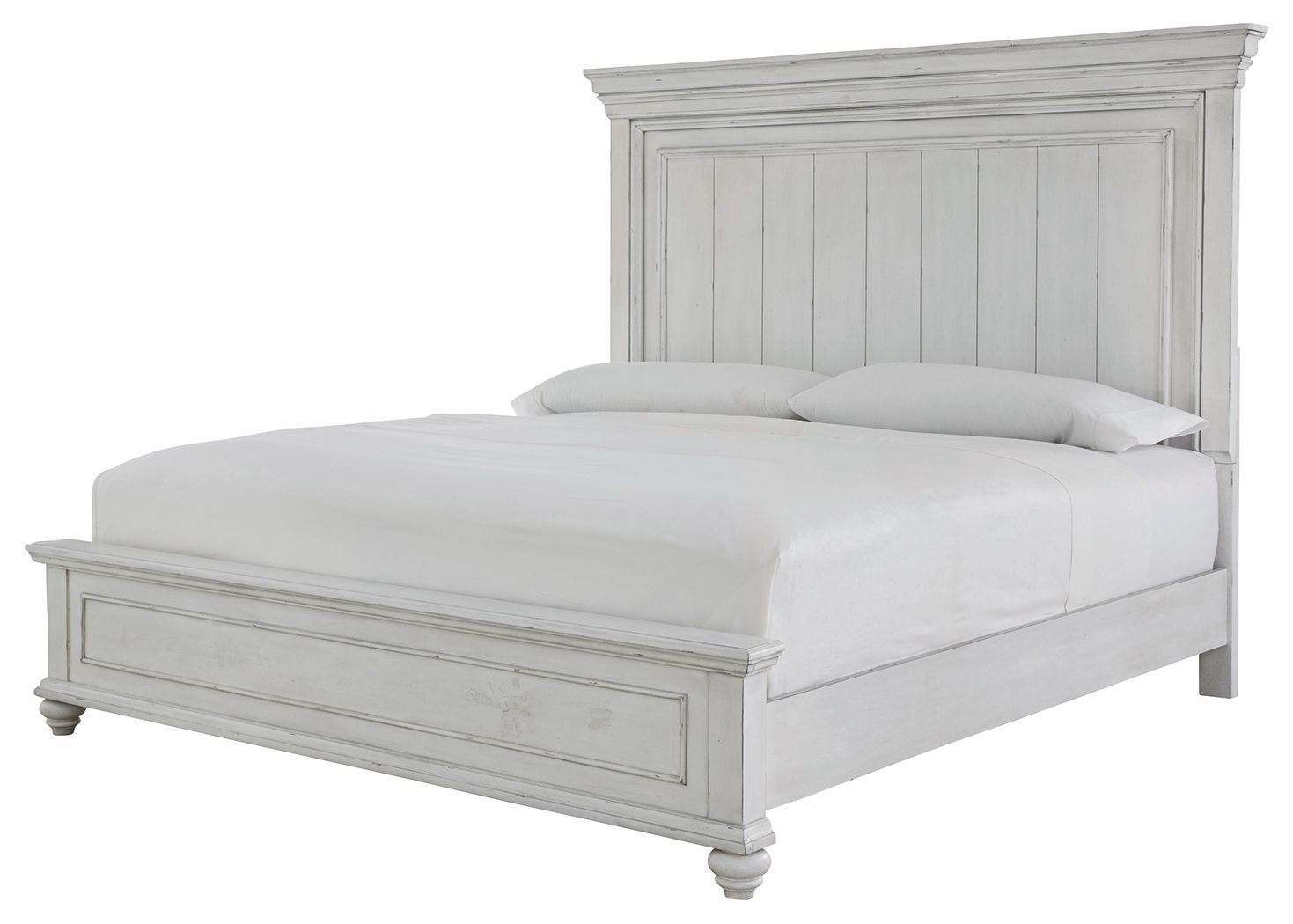 White panel bed with tall headboard, low footboard, and matching wooden side rails.
