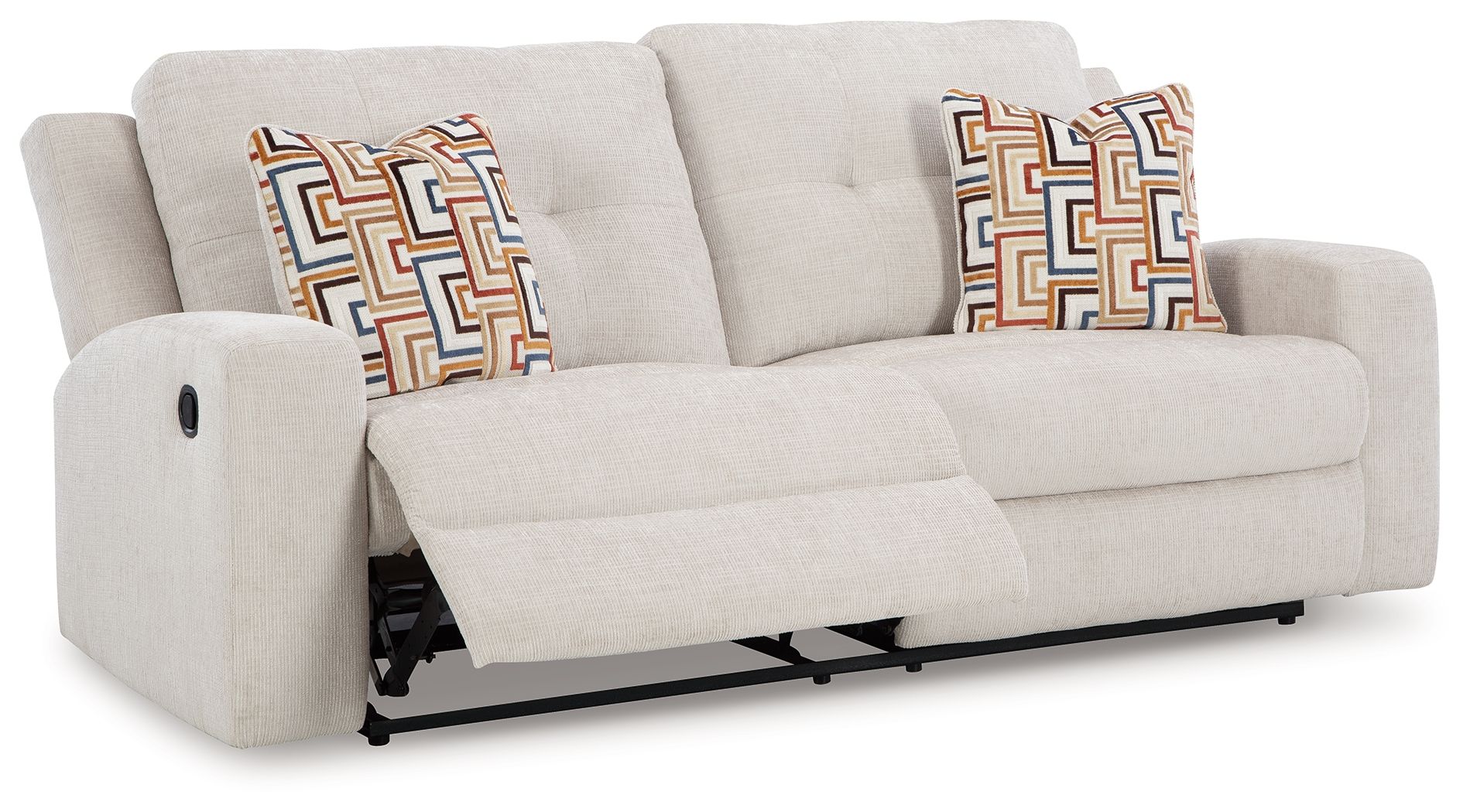 Stone 2-seat reclining sofa with open recline seats and geometric pattern throw pillows