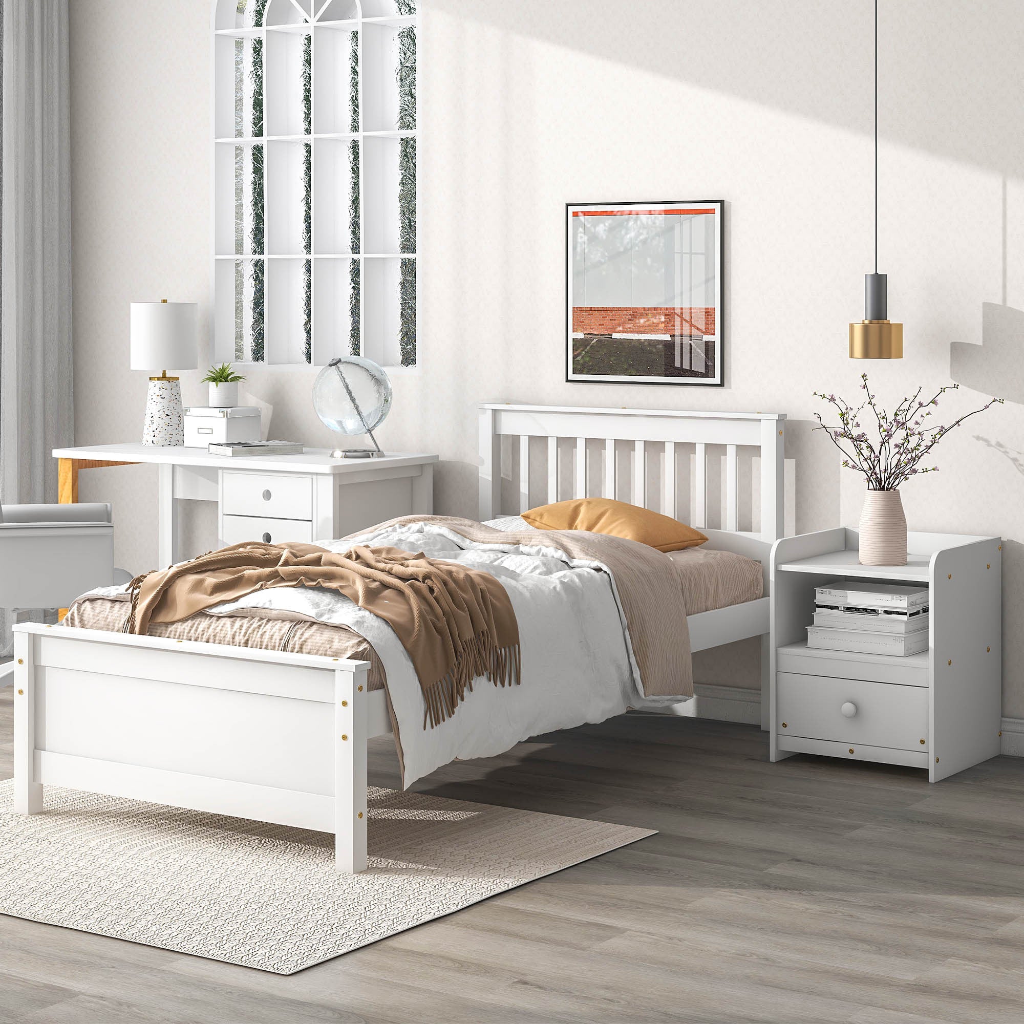 White Twin Bed with Headboard, Footboard & Nightstand for All Ages
