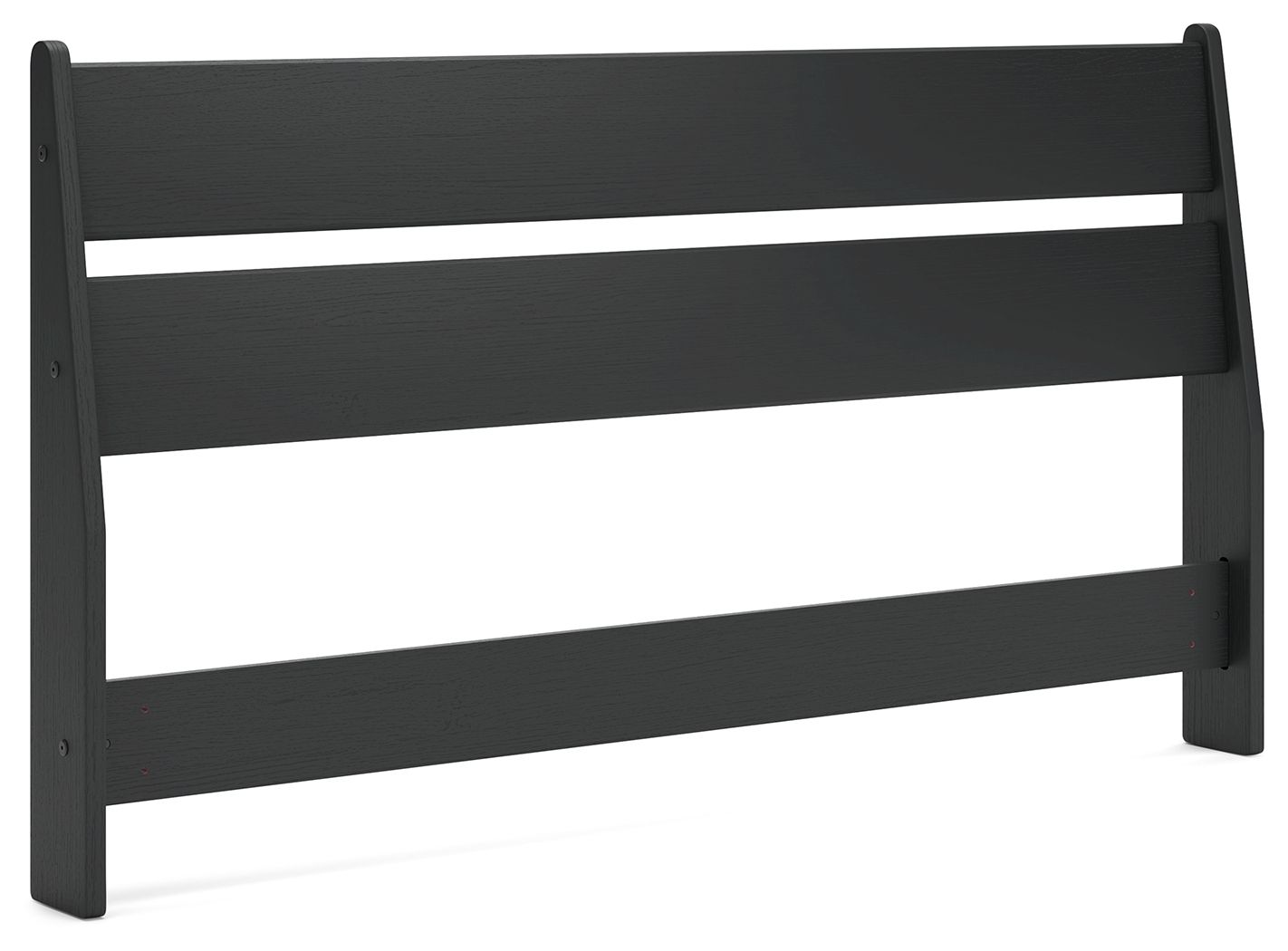 Dark charcoal panel headboard with three horizontal slats and squared leg posts