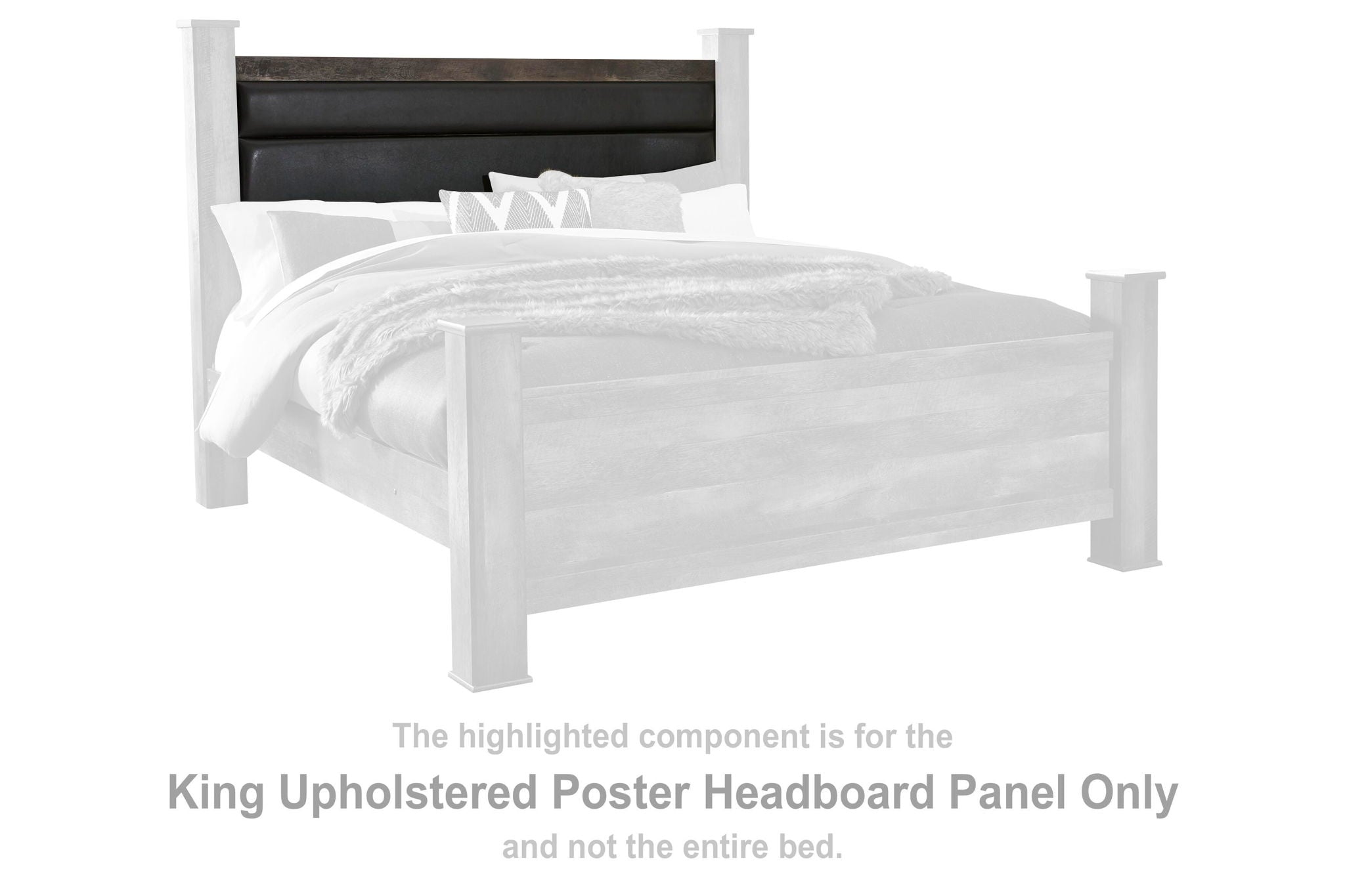 Gray upholstered poster headboard panel with tall posts and horizontal top