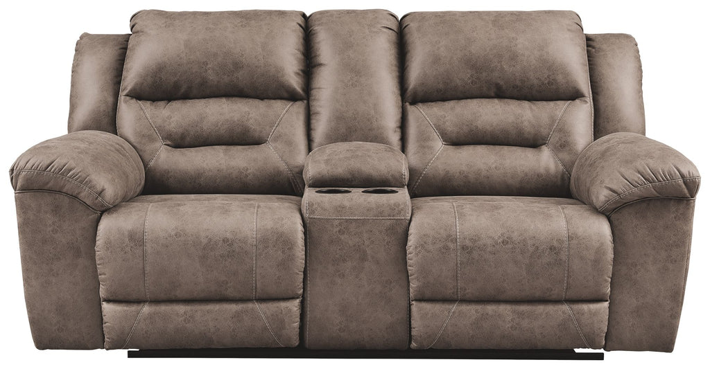 Reclining loveseat in taupe fabric with wide arm pads and central recline panel