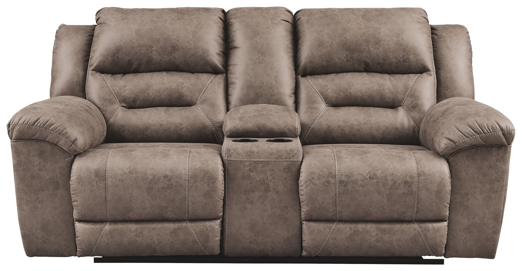 Reclining loveseat in taupe fabric with wide arm pads and central recline panel