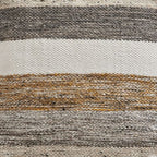 Striped fabric pouf in gray, white, and tan with textured woven surface.