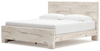 Beige panel bed with storage and white mattress, side view