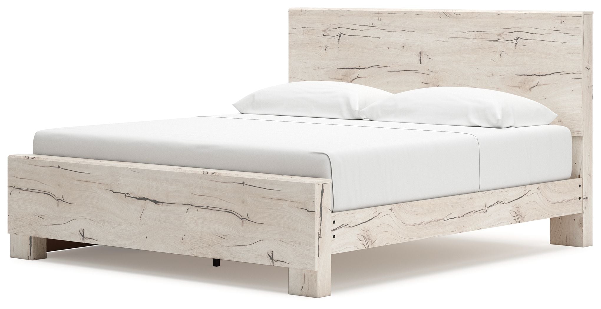 Beige panel bed with storage and white mattress, side view