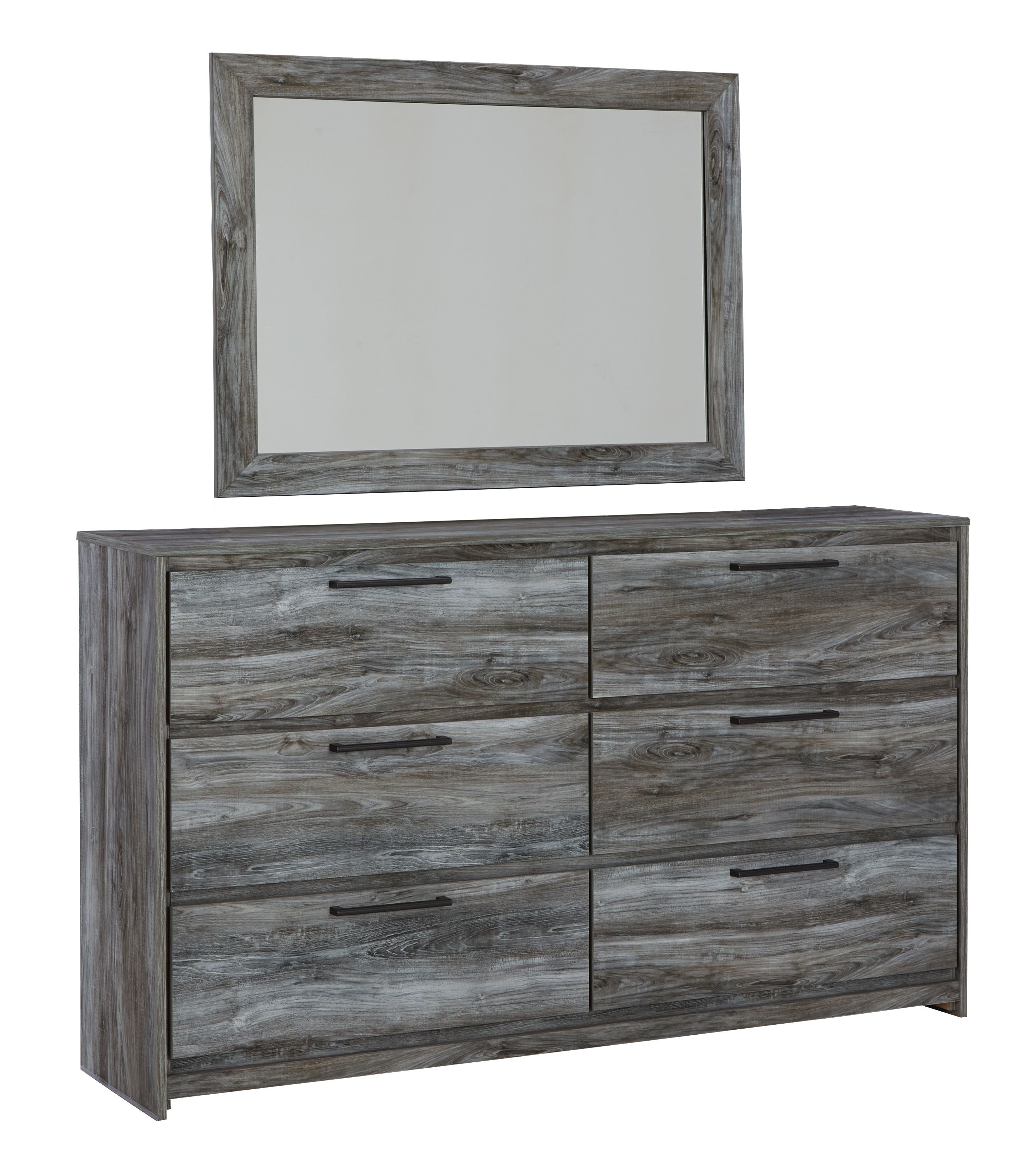 Dark gray dresser with wall mirror and six drawers, reclaimed wood texture