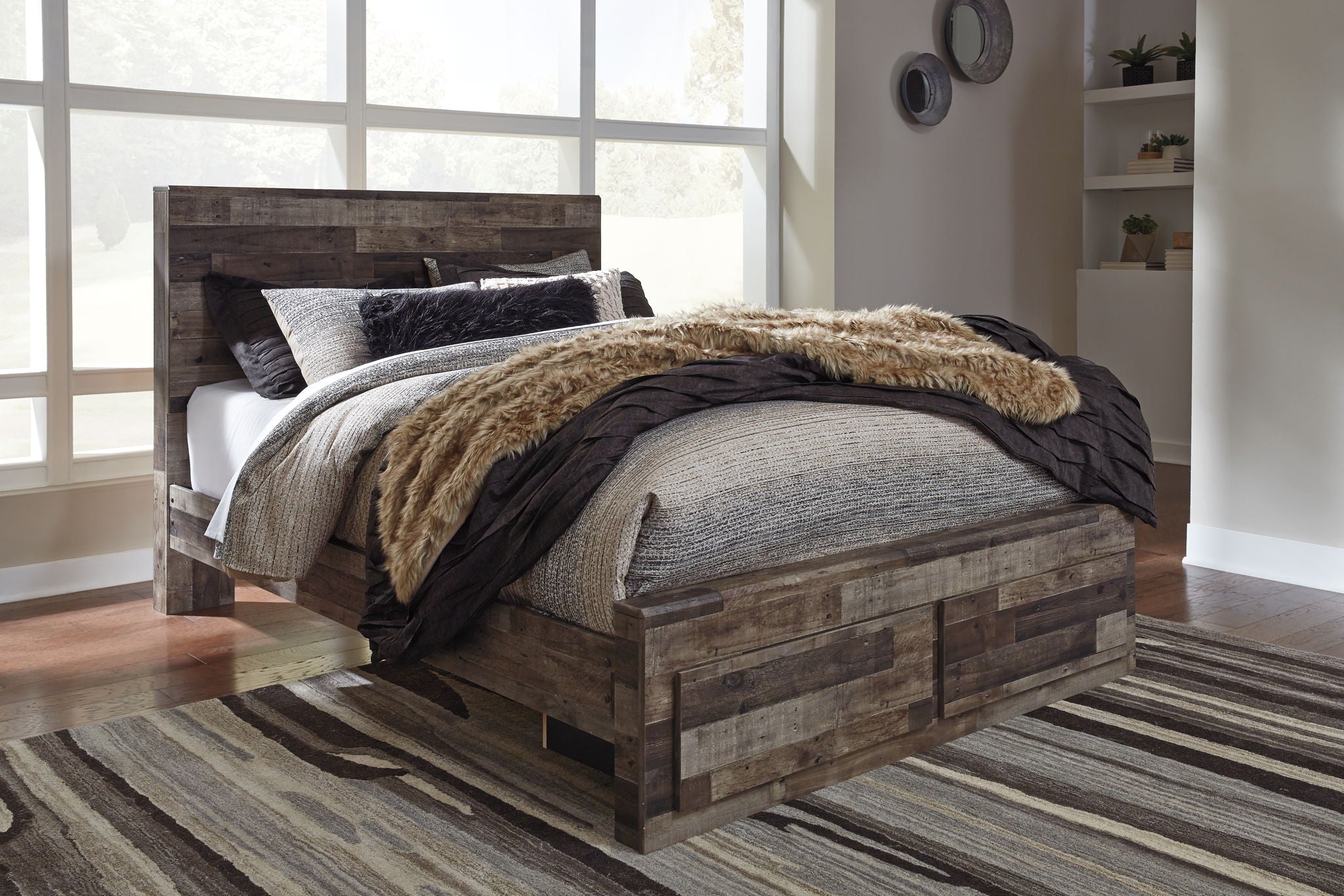 Panel bed with storage drawers, dark gray wood-look finish, close side view of headboard