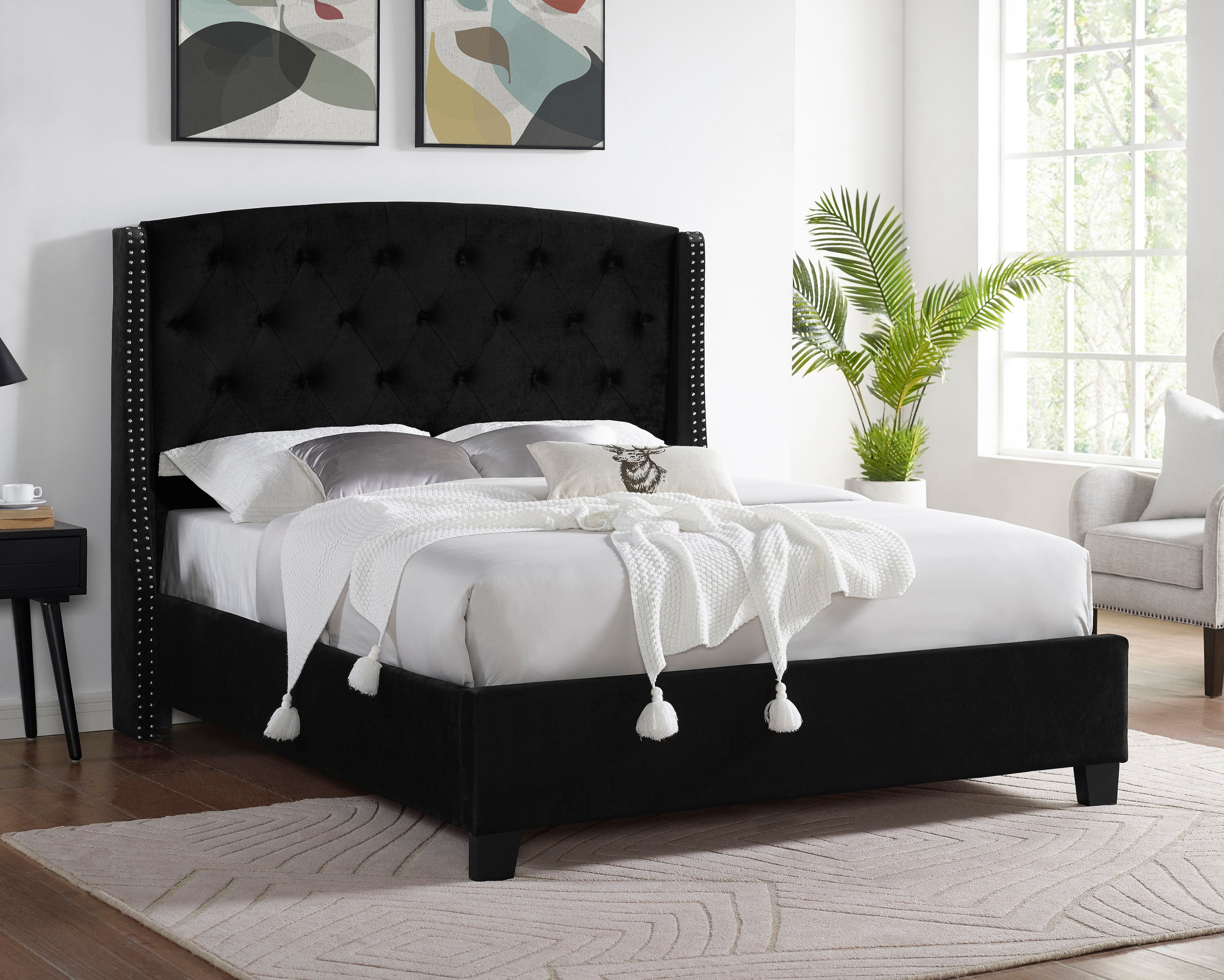 Contemporary Black Upholstered Eva Bed Tufted Nailhead Trim
