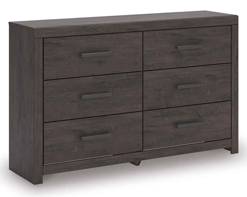 Charcoal six-drawer dresser with bar pulls and horizontal woodgrain front, flat top.