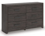 Charcoal six-drawer dresser with bar pulls and horizontal woodgrain front, flat top.