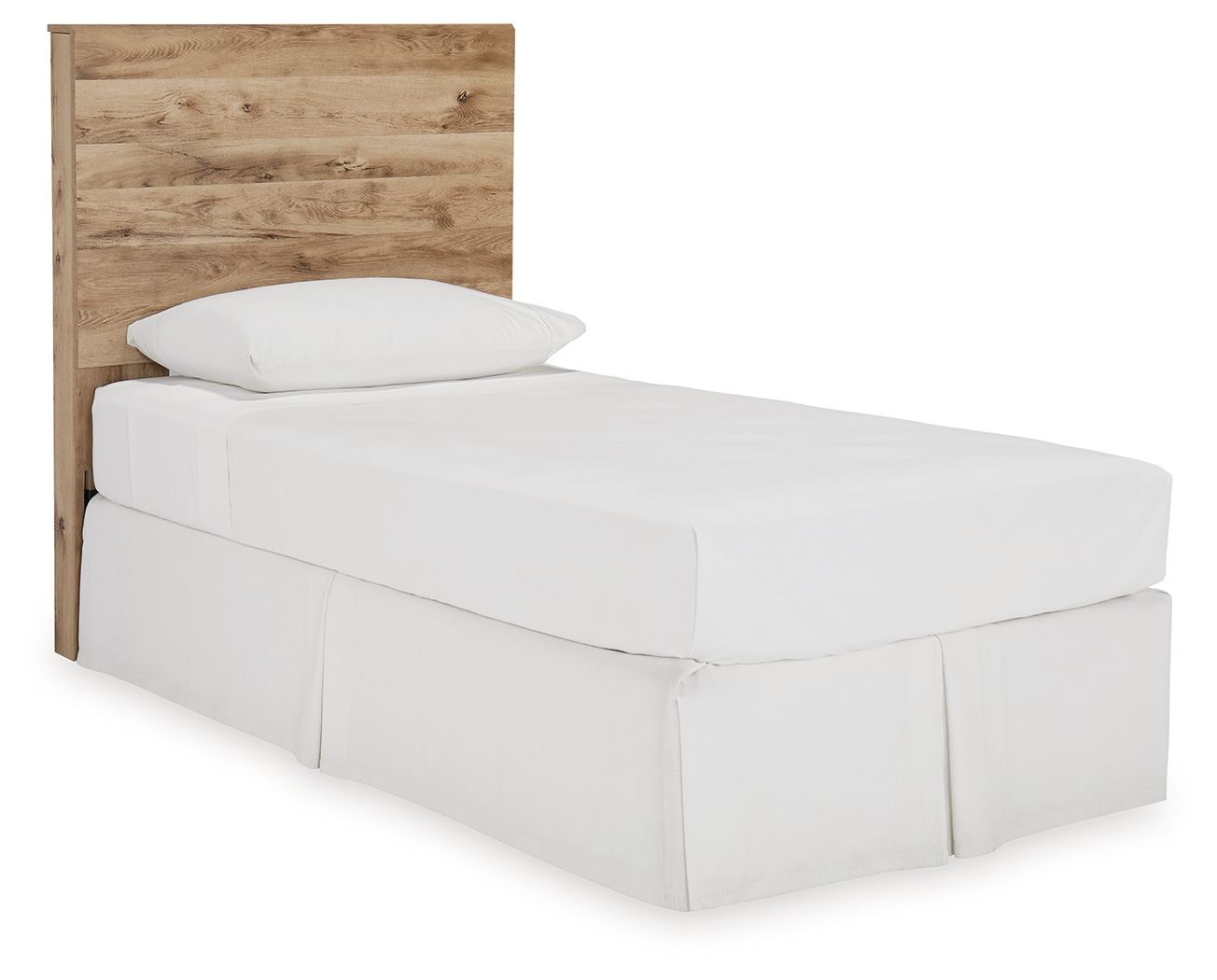 Beige wood panel headboard with arched top, behind white bed frame