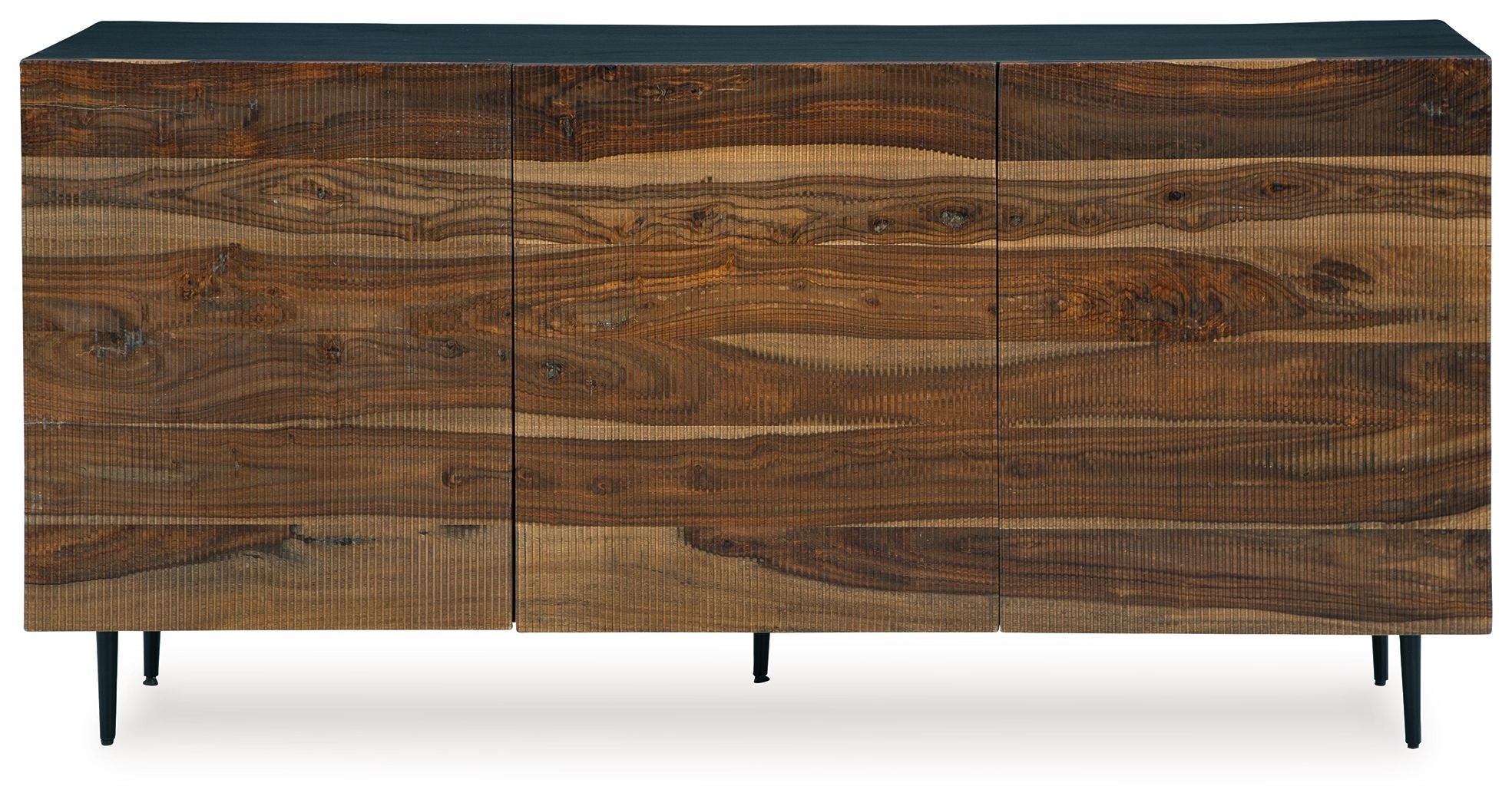 Brown wood accent cabinet with three front compartments and dark legs