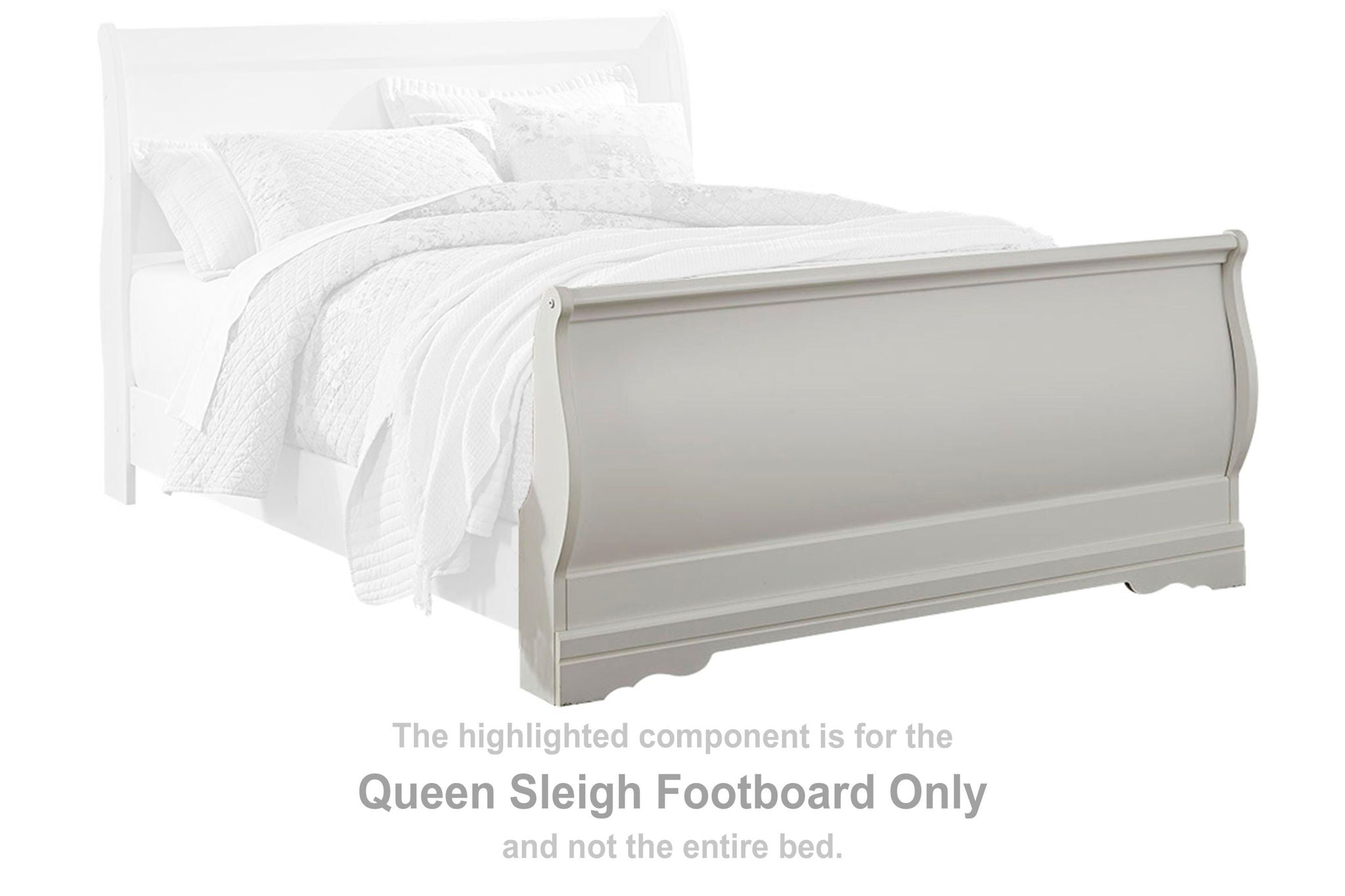 White queen sleigh style bed footboard with rounded panel and molding
