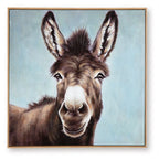 Framed donkey portrait wall art with brown and white muzzle on blue background