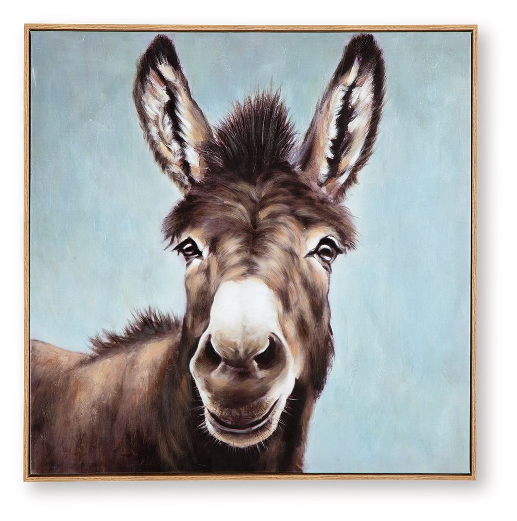 Framed donkey portrait wall art with brown and white muzzle on blue background