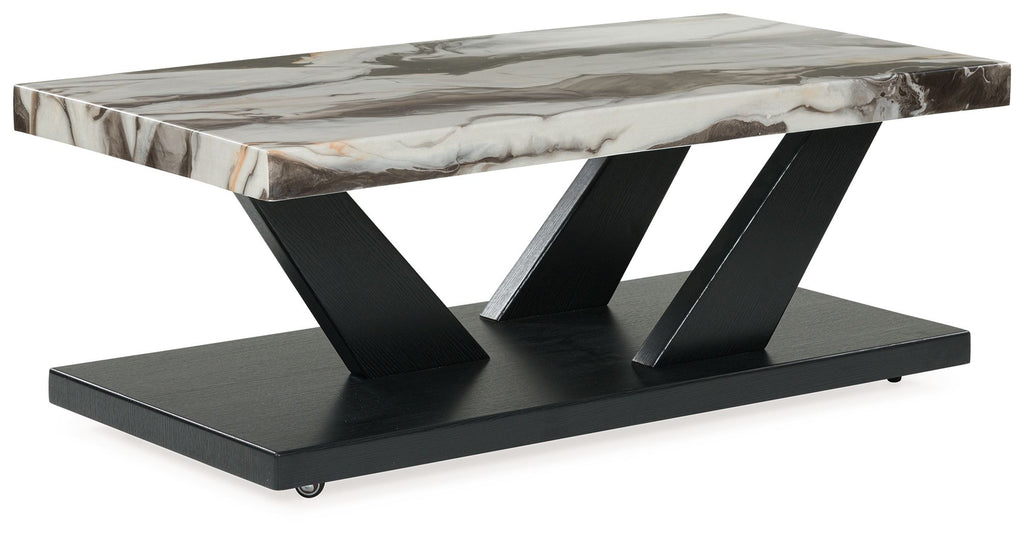 Occasional center table with marble-look top, black base, and crossed leg supports