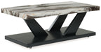 Occasional center table with marble-look top, black base, and crossed leg supports