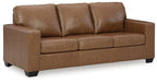 Light brown leather sofa with three seat cushions and boxed armrests