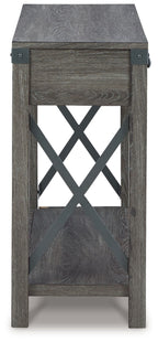 Grayish brown wooden console sofa table side with X-brace panel and two drawers