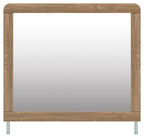 Rectangular bedroom mirror with warm natural brown wooden frame and metal supports