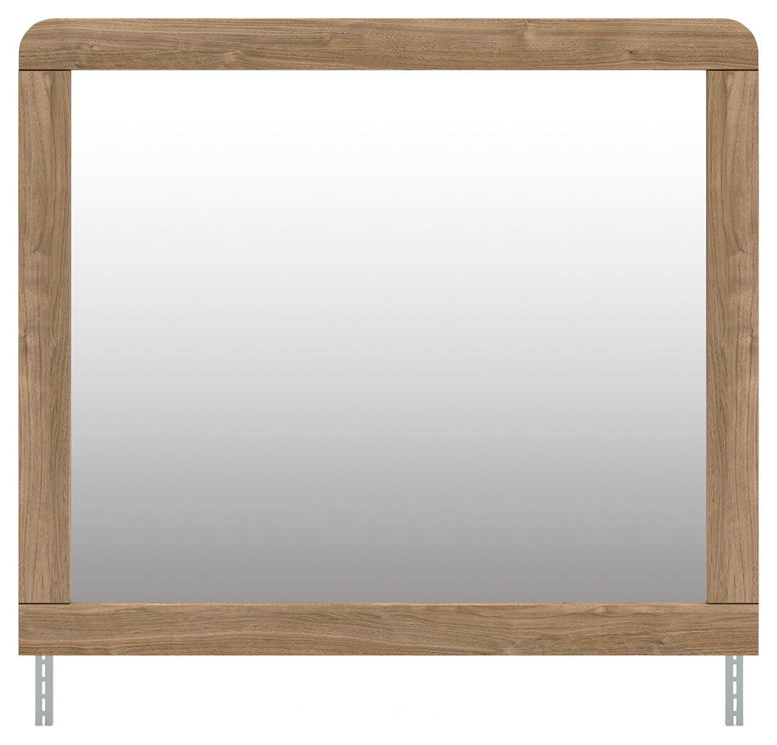 Rectangular bedroom mirror with warm natural brown wooden frame and metal supports
