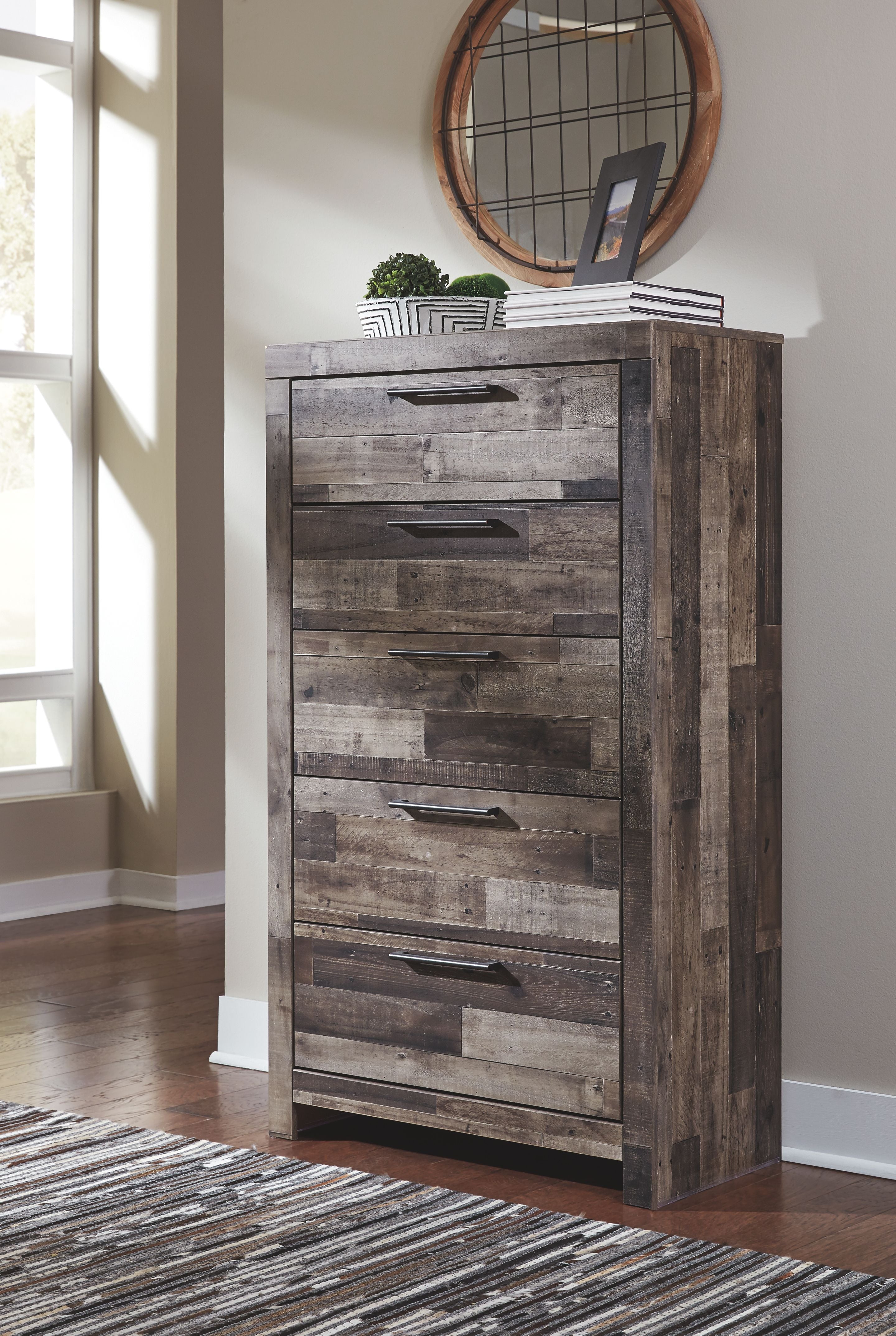 Multi gray five-drawer chest with two-tone wood panels and bar pulls