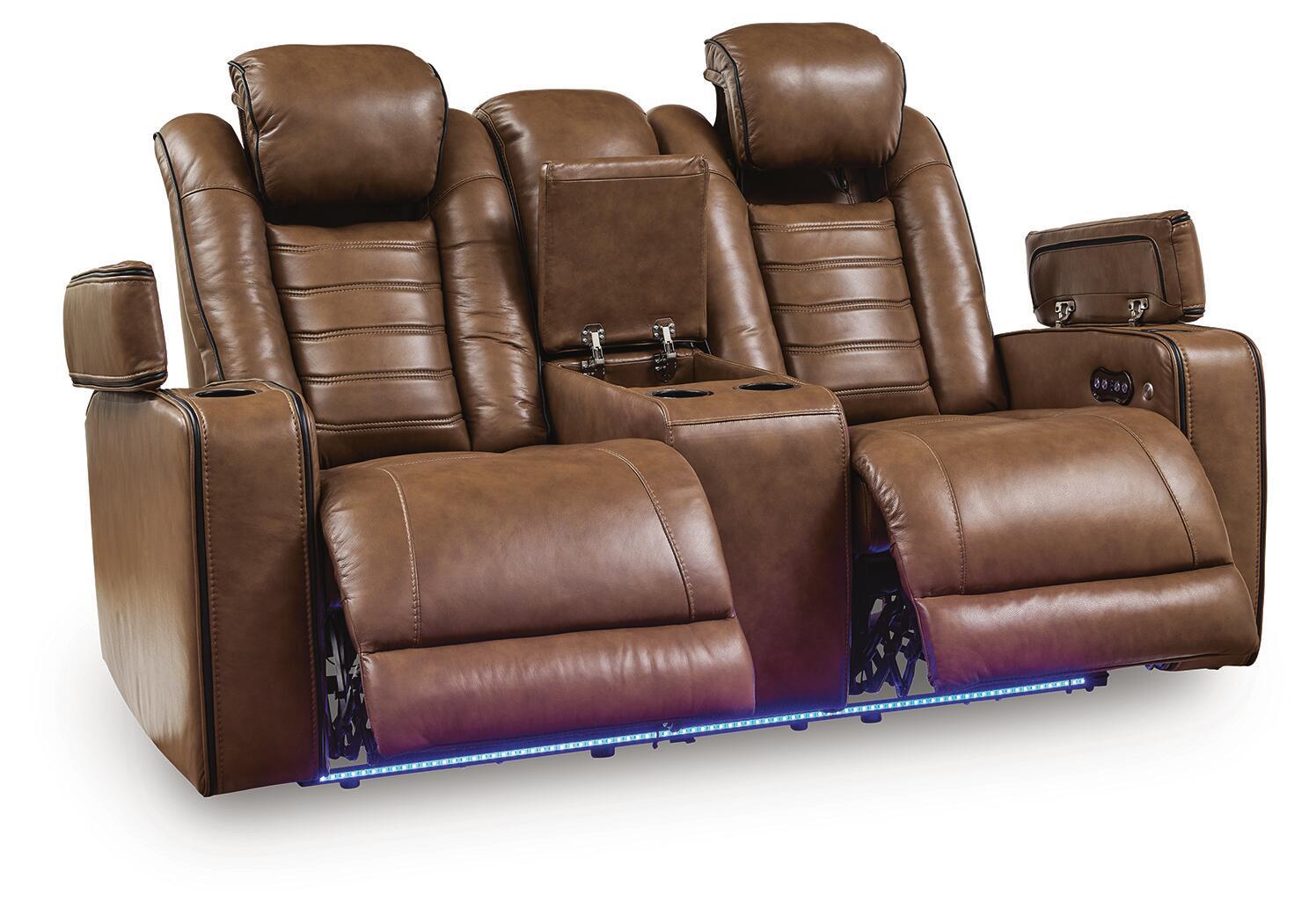 Power reclining loveseat with console, brown upholstered seats and adjustable headrests