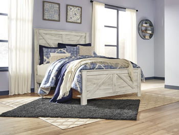 Whitewash queen metal bed frame with crossbuck rails, slatted headboard and footboard